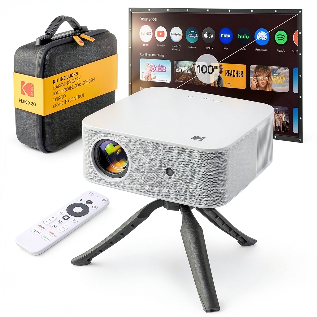 Kodak FLIK X20 projector displaying a movie on a 100-inch screen