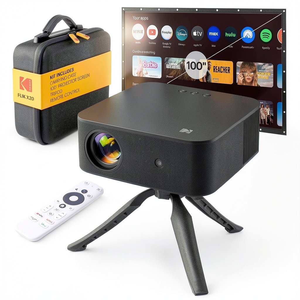 Kodak FLIK X20 projector displaying a movie on the included 100-inch screen